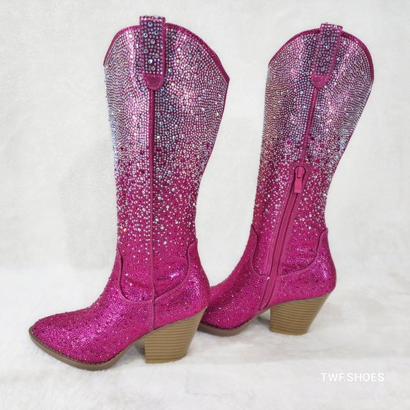 Wild Ones Fuchsia Ombre Rhinestone Western Cowgirl Knee Boots Hot Pink - Picture 3 of 17